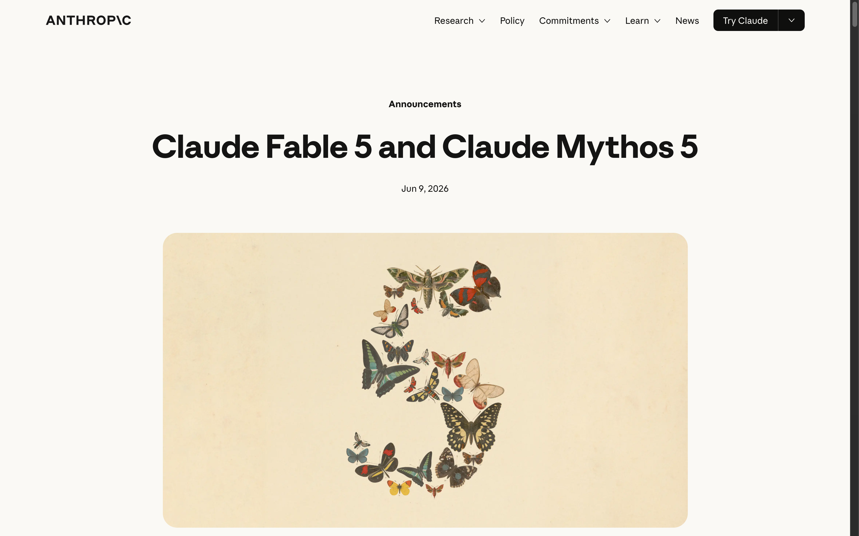 Anthropic 공식 홈페이지의 Claude Fable 5 발표 화면