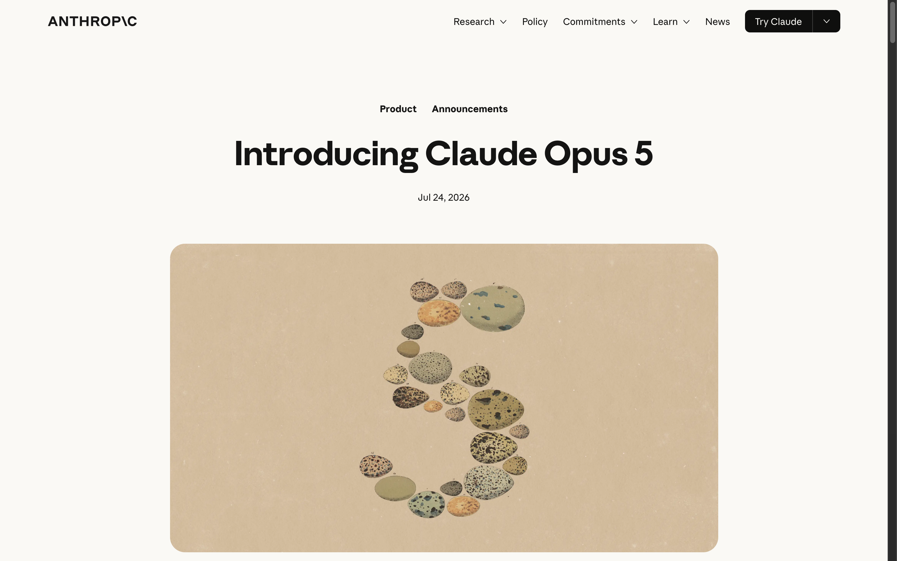 Anthropic 공식 홈페이지의 Claude Opus 5 발표 화면