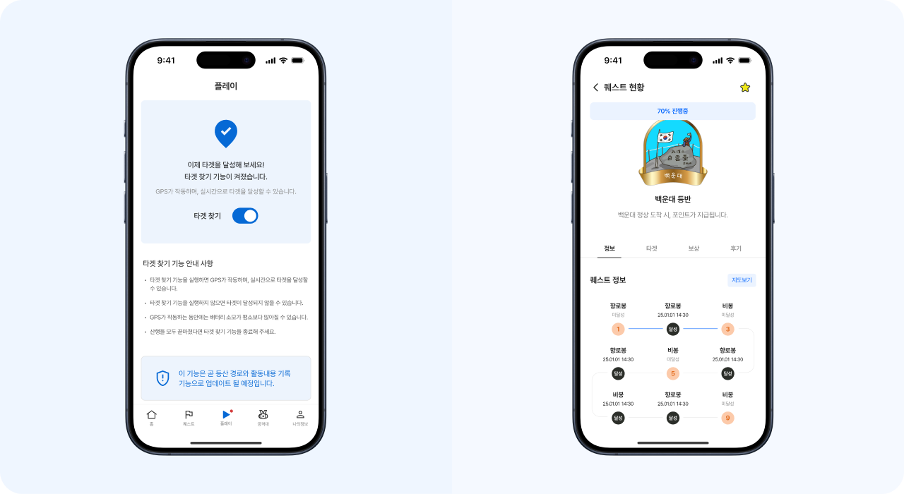 타겟 찾기 기능과 퀘스트 현황 화면을 담은 GPS 인증 등산 시스템 구축 UI, 실시간 위치 기반 퀘스트 경험 예시