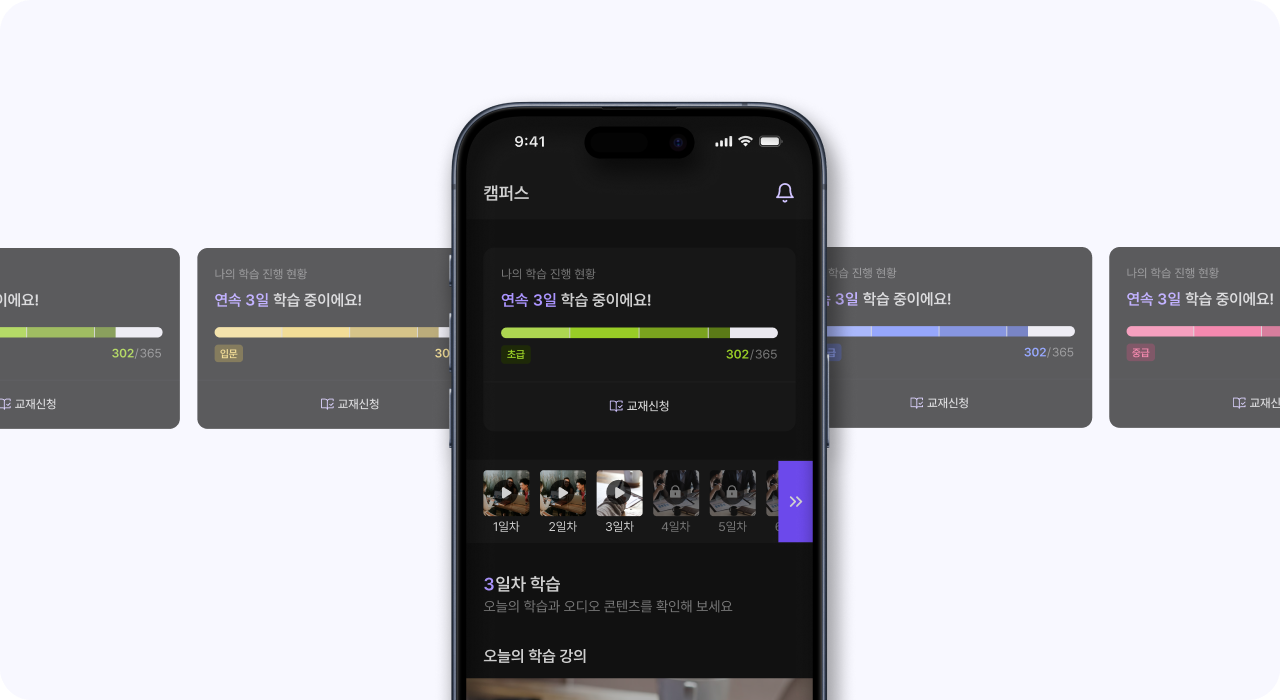 레벨별 학습 진행률을 보여주는 시니어 맞춤 영어 학습 UX 설계 화면